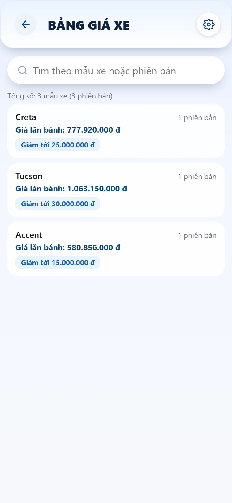 Màn Bảng giá xe liệt kê các mẫu xe cùng giá lăn bánh