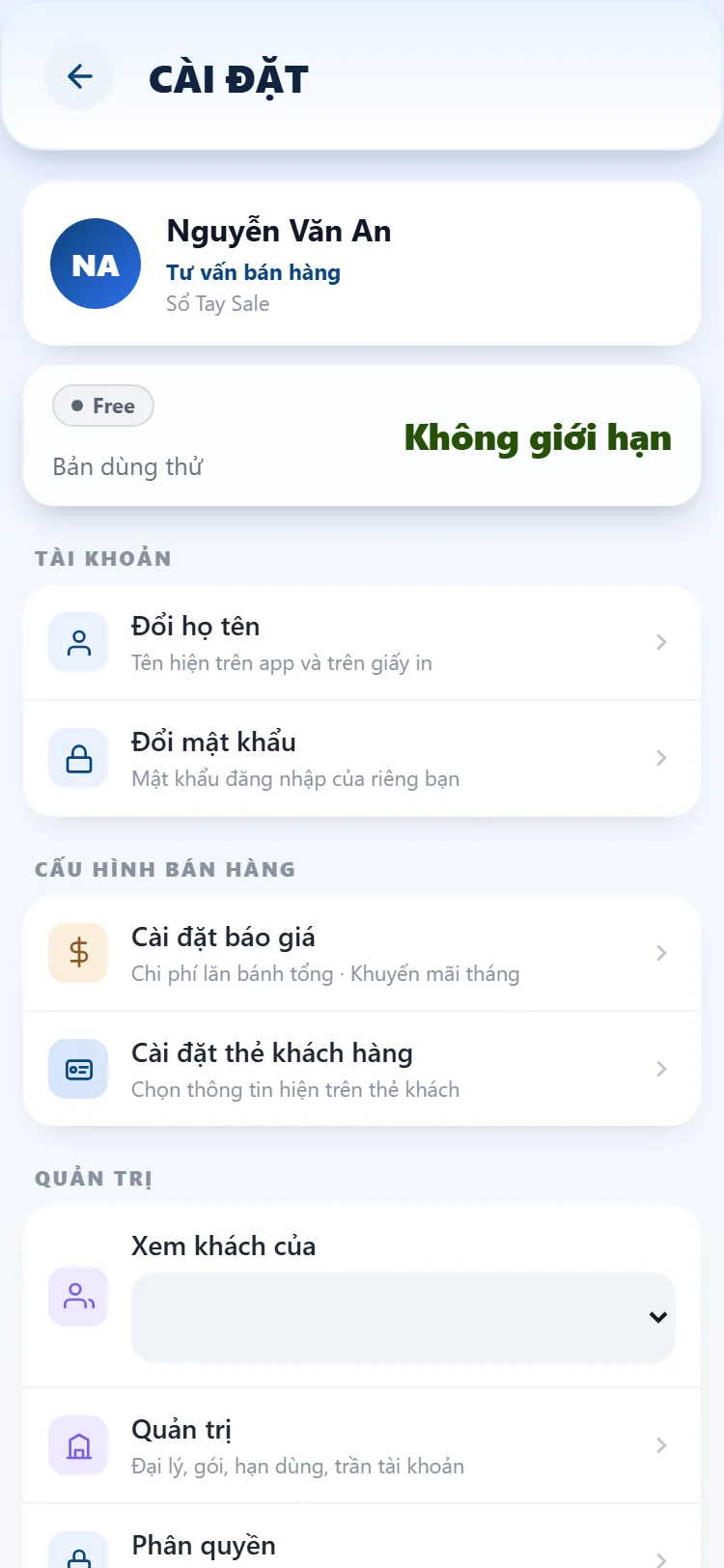 Màn Cài đặt với nhóm Tài khoản gồm Đổi họ tên và Đổi mật khẩu