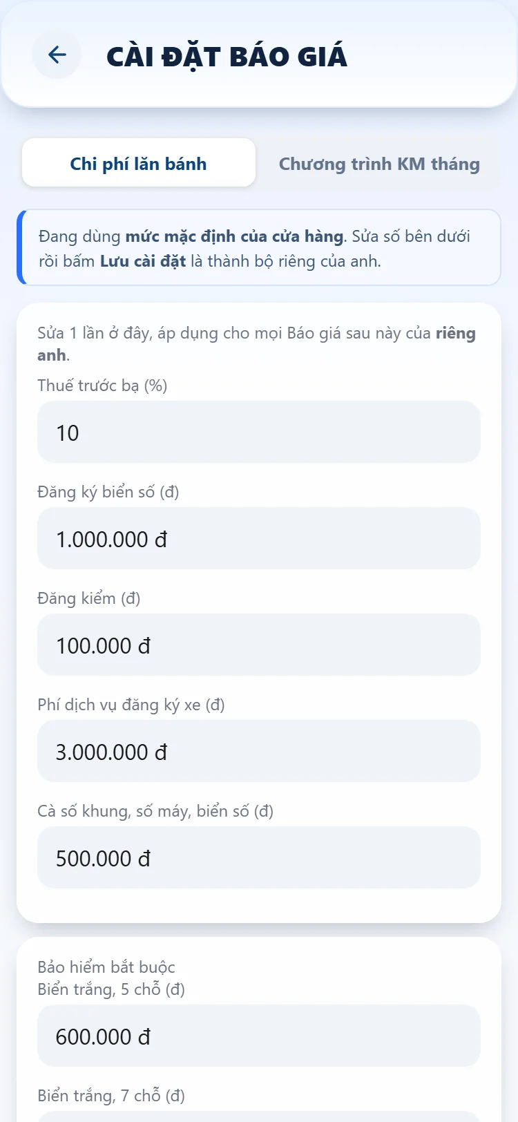 Màn Cài đặt báo giá, mục Chi phí lăn bánh