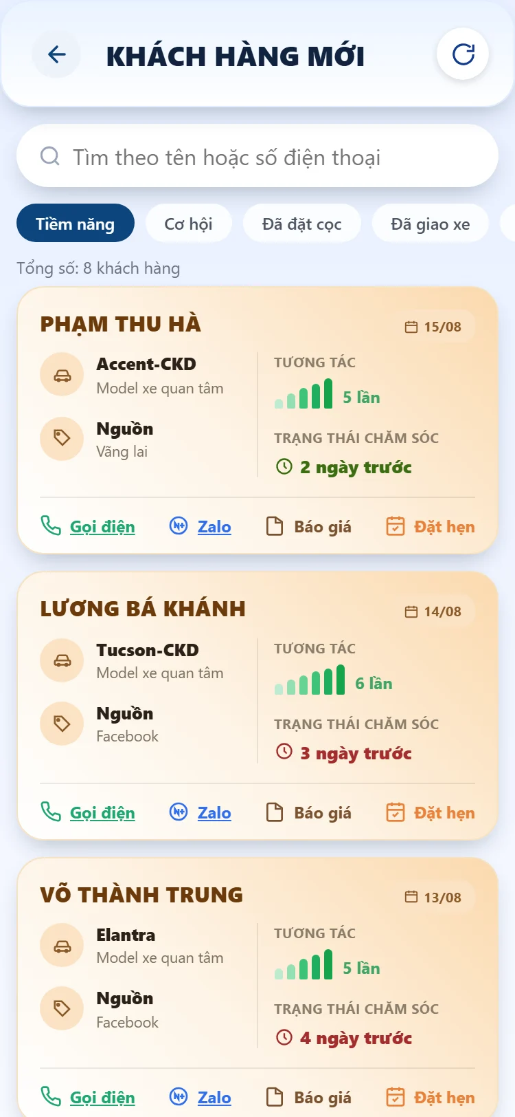Danh sách khách hàng chia theo nhóm Tiềm năng, Cơ hội, Đã đặt cọc, Đã giao xe