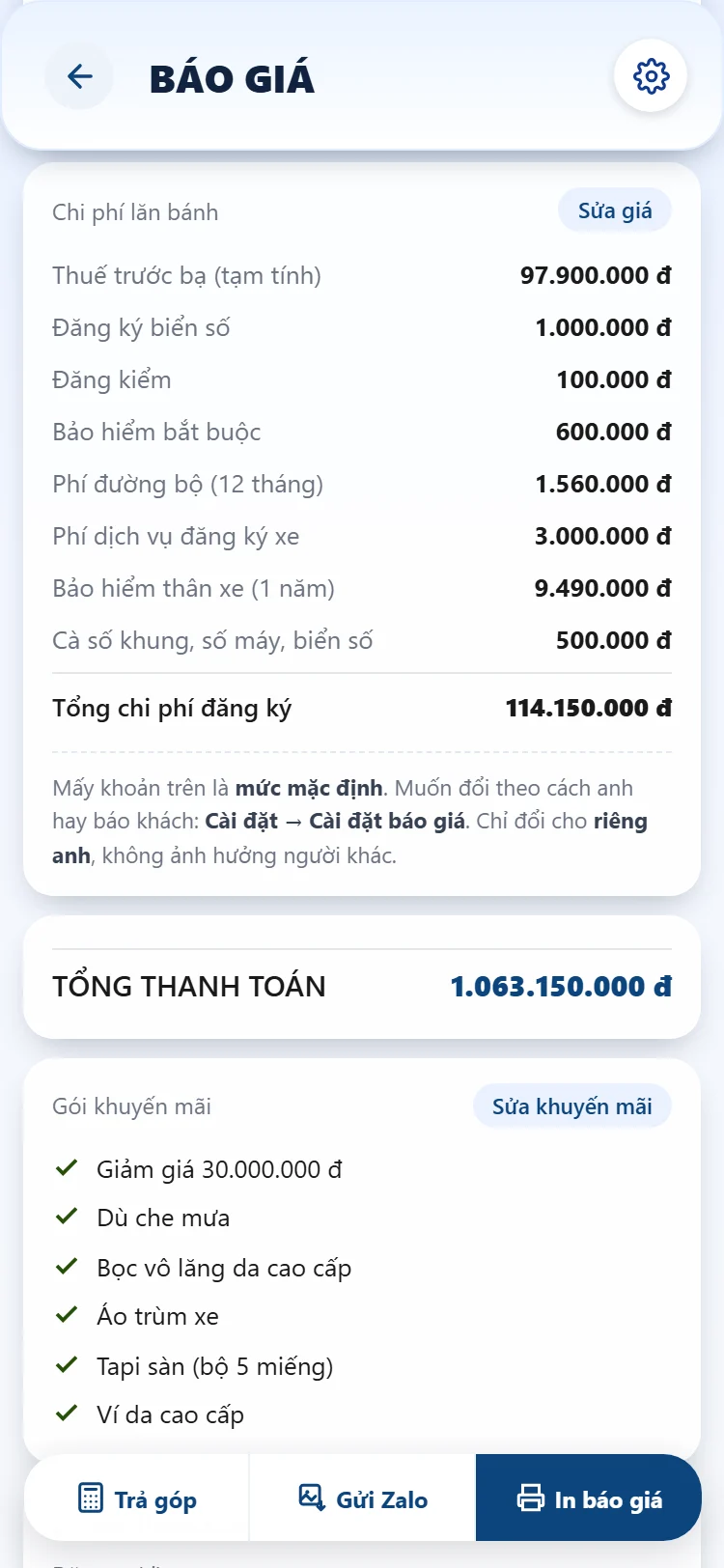 Màn Báo giá, bảng chi phí lăn bánh chia từng khoản
