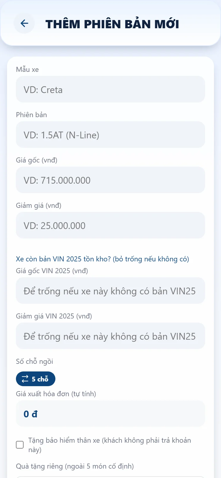 Màn Thêm xe mới với các ô Mẫu xe, Phiên bản, Giá gốc, Giảm giá