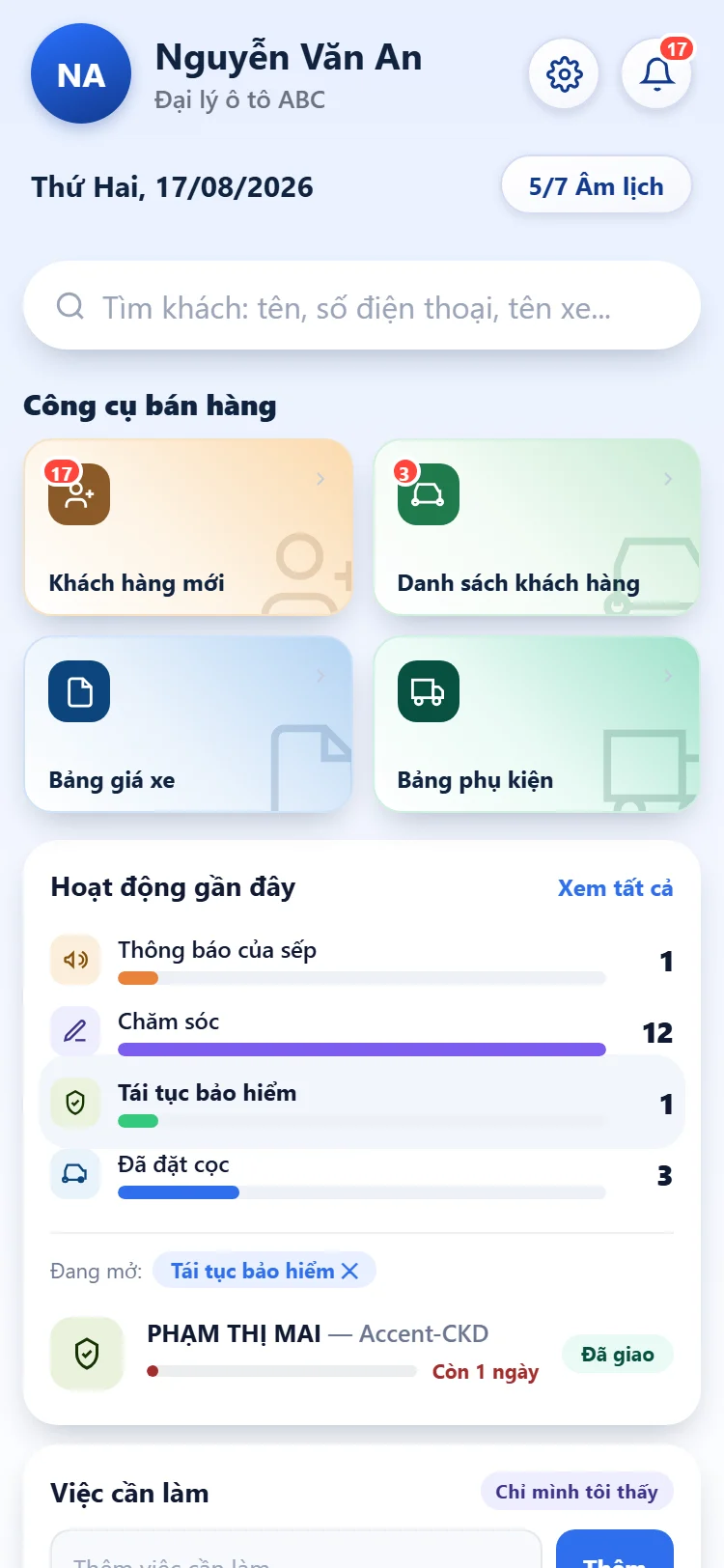 Màn Trang chủ của app, có bốn ô công cụ bán hàng và thanh điều hướng dưới