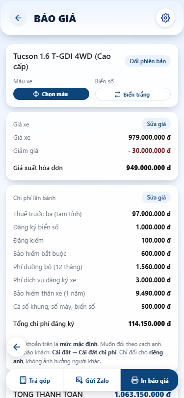 Màn hình Báo giá của Sổ Tay Sale trên điện thoại: giá xe, tám khoản chi phí lăn bánh và tổng chi phí đăng ký
