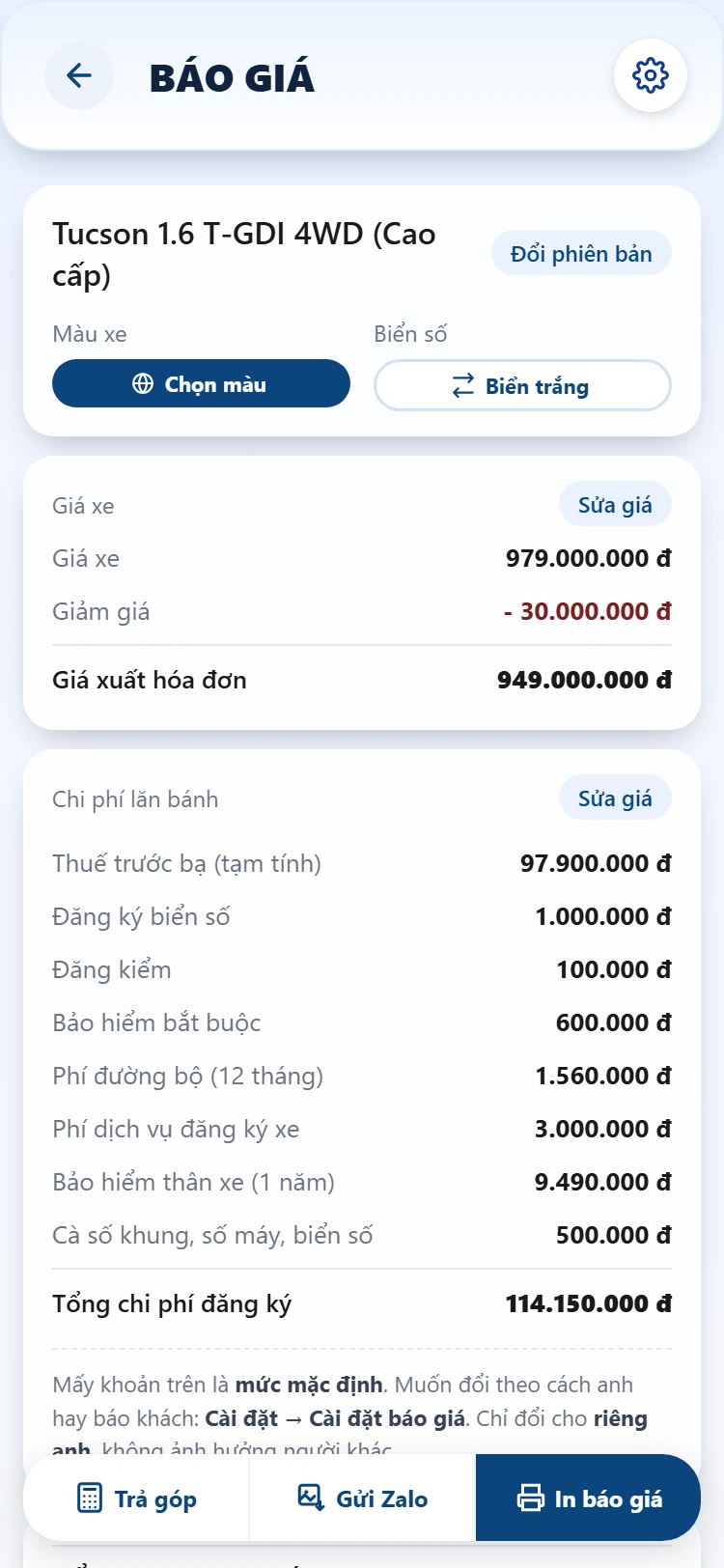 Màn hình Báo giá trên điện thoại: giá xe, tám khoản chi phí lăn bánh và tổng chi phí đăng ký