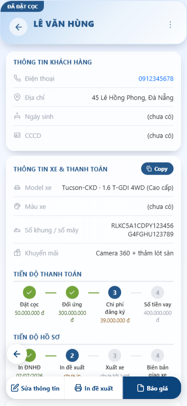 Hồ sơ khách Lê Văn Hùng với tiến độ thanh toán bốn đợt và tiến độ hồ sơ bốn bước
